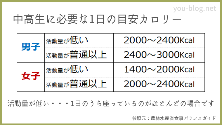 中高生に必要な1日の目安カロリー表